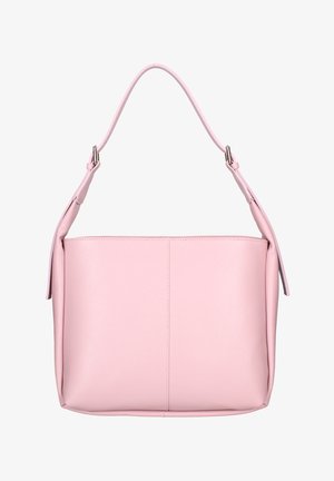 Borsa a tracolla in morbida pelle rosa con tracolla larga e dettagli in fibbia d'argento, forma rettangolare strutturata e superficie liscia.