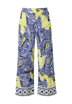 Wijd uitlopende broek met blauw en geel ingewikkeld paisley patroon en een geometrische rand aan de zoom, voorzien van een elastische tailleband.