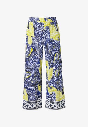 Wijd uitlopende broek met blauw en geel ingewikkeld paisley patroon en een geometrische rand aan de zoom, voorzien van een elastische tailleband.