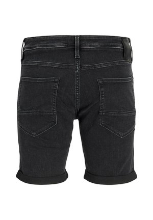 Zwarte denim shorts met opgerolde boorden, twee achterzakken, riemlussen en zichtbare stiksel details.