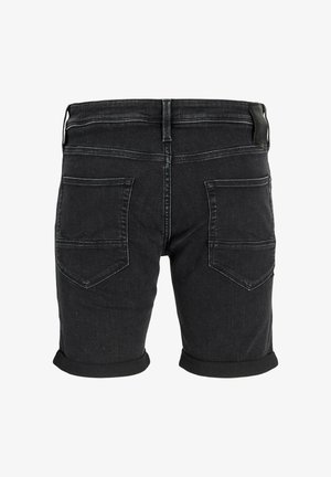 Zwarte denim shorts met opgerolde boorden, twee achterzakken, riemlussen en zichtbare stiksel details.
