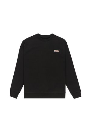 Sort sweatshirt lavet af blødt stof, med rund hals, lange ærmer og et lille, flerfarvet logo på brystet.
