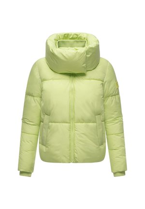 Limegrüner Puffer-Jacke mit hohem Kragen, Frontreißverschluss und zwei seitlichen Taschen. Glatte Textur mit gesteppten Abschnitten zur Isolation.