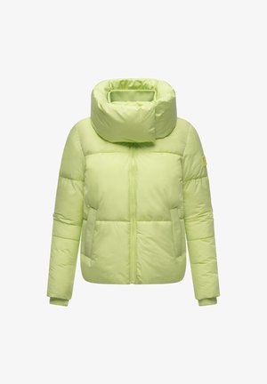 Lime roheline puffer-jakk kõrge kaelusega, esiseetõttu ja kahe küljetaskuga. Sile tekstuur, quiltitud osadega isolatsiooniks.