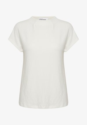 Viegls, īsām piedurknēm T-kreklis krēmkrāsā, ar apaļu kaklu un smalku tekstūru. Tīras līnijas bez redzamām emblēmām vai rotājumiem.