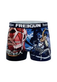 Shorts FRE3GUN avec un design "L'Attaque des Titans", couleurs vives, imprimés graphiques et taille élastique avec logo.