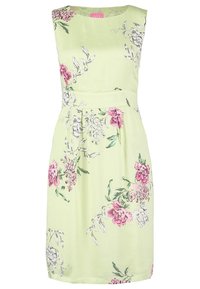 Robe sans manches vert clair avec des motifs floraux roses, blancs et gris et une taille cintrée, longueur au genou.