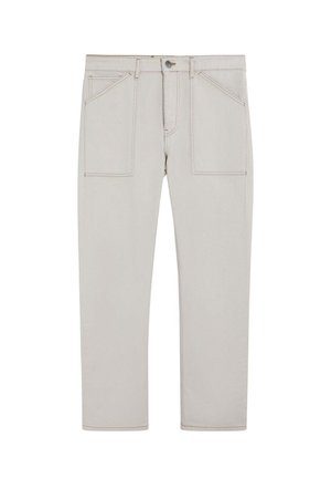 Pantalons droit beige clair avec poches plaquées à l'avant, passants de ceinture et fermeture à bouton, présentés à plat sur un fond blanc.