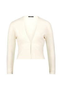 Langärmlige, verkürzte Strickjacke aus cremefarbenem Material mit tiefem V-Ausschnitt und Knopfschluss vorne. Strukturierte Details überall.