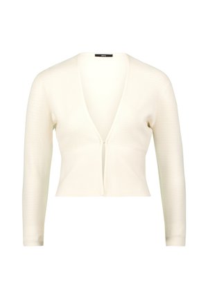 Langärmlige, verkürzte Strickjacke aus cremefarbenem Material mit tiefem V-Ausschnitt und Knopfschluss vorne. Strukturierte Details überall.