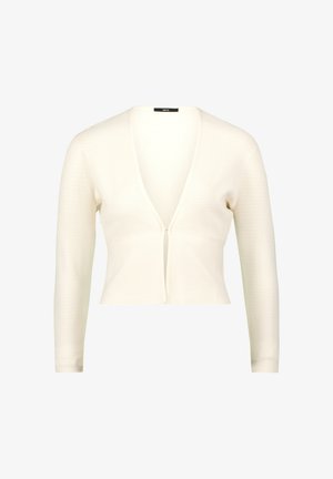 Long-sleeve, cropped cardigan in cream-colored knit fabric with a deep V-neck and a button closure at the front. Textured detail throughout.