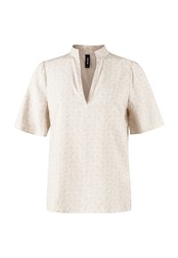 Světle béžová blůzka s krátkými puff rukávy, V výstřihem a jemným texturovaným vzorem. Vyrobena z měkké, lehké tkaniny.