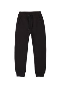 Schwarze Sweatpants aus weichem Stoff, mit einem elastischen Bund und Kordelzug, zwei seitlichen Taschen und schmal zulaufenden Bündchen.