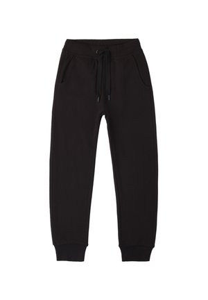 Pantalons de survêtement noirs en tissu doux, dotés d'une taille élastique avec cordon de serrage, de deux poches latérales et de poignets resserrés.