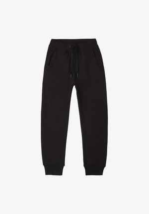 Pantalones de chándal negros fabricados en una tela suave, con una cintura elástica con cordón, dos bolsillos laterales y puños ajustados.