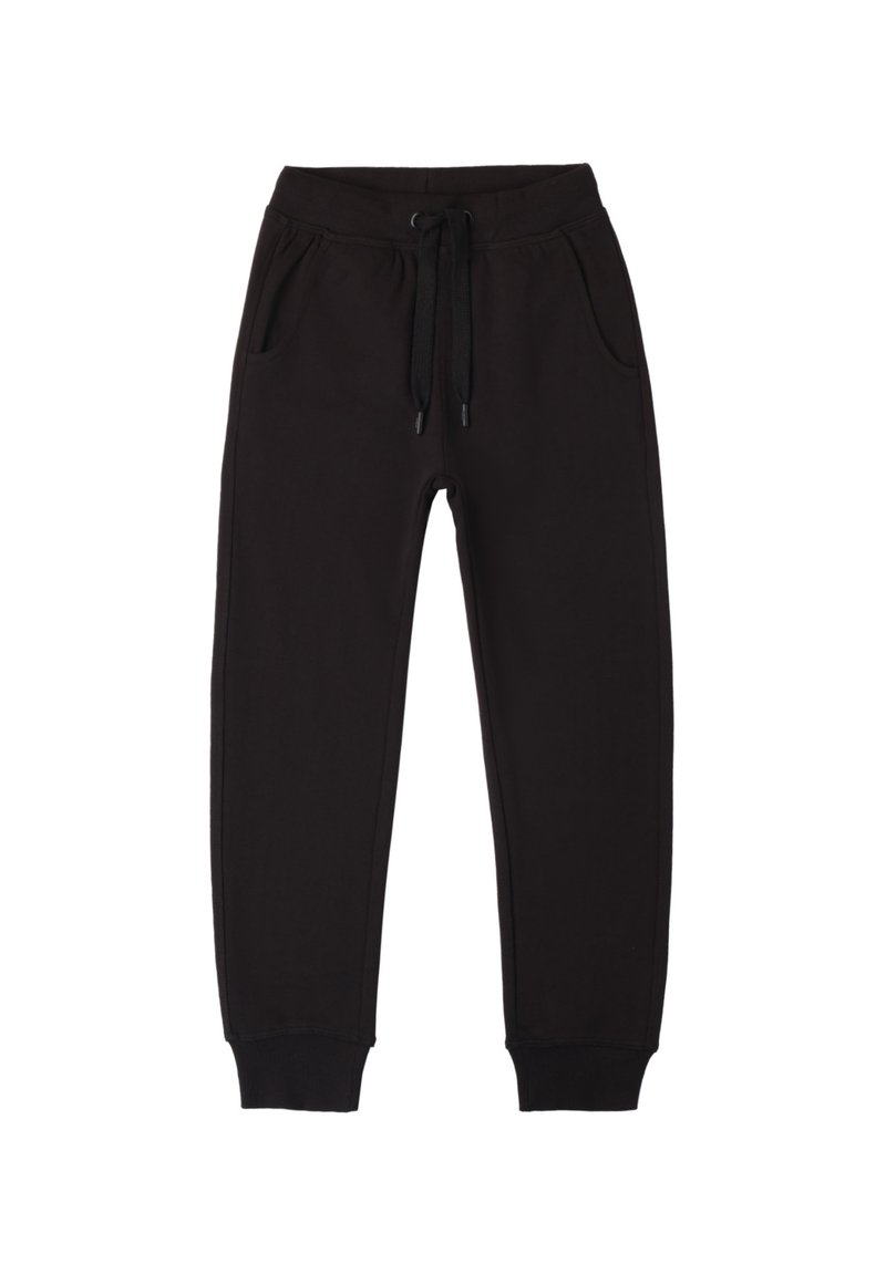Schwarze Sweatpants aus weichem Stoff, mit einem elastischen Bund und Kordelzug, zwei seitlichen Taschen und schmal zulaufenden Bündchen.