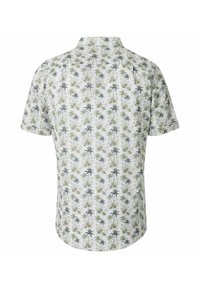 Korte mouwen shirt van lichte stof, met een witte achtergrond en een groen-blauwe palmboomprint. Klassiek kraagontwerp met een relaxte pasvorm.