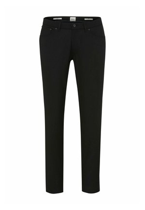 Zwarte op maat gemaakte broek van gladde stof, met een getailleerde silhoeët, ritssluiting en voorzakken. Eenvoudig ontwerp met minimale accenten.