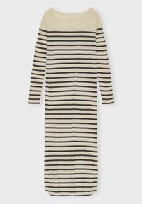 Gestreiftes Langarmkleid mit rundem Ausschnitt. Cremefarbener Grund mit schwarzen horizontalen Streifen. Weicher, leichter Stoff, knöchellanges Design.