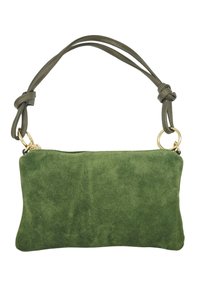 Sac à main en daim vert de forme rectangulaire, texture douce et anse en cuir nouée. Caractéristiques en métal doré et fermeture zippée.