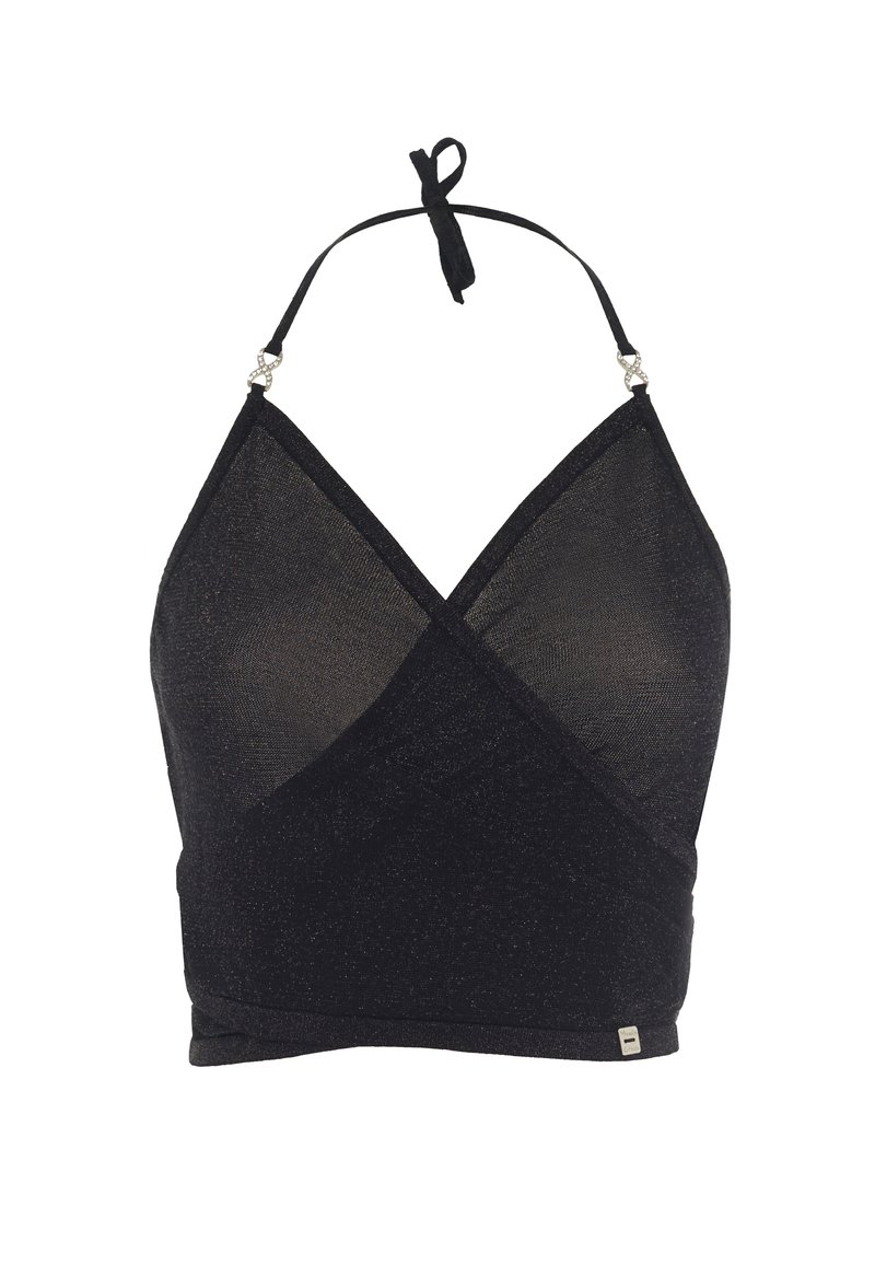 Top halter nero realizzato in tessuto trasparente e testurizzato con design incrociato. Presenta una chiusura al collo con lacci e dettagli metallici sulle spalline.