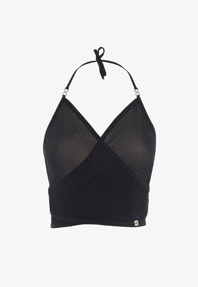 Top halter nero realizzato in tessuto trasparente e testurizzato con design incrociato. Presenta una chiusura al collo con lacci e dettagli metallici sulle spalline.