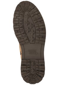 Brown hiking boot sole with textured rubber, featuring a star-pattern tread for traction. Includes embossed branding and size "41" detail.