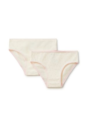 Set di biancheria intima in cotone color crema, composto da un modello semplice e uno con un piccolo motivo floreale rosa. Entrambi presentano un bordo smerlato rosa.