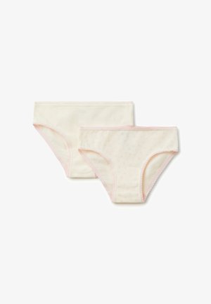 Set di biancheria intima in cotone color crema, composto da un modello semplice e uno con un piccolo motivo floreale rosa. Entrambi presentano un bordo smerlato rosa.
