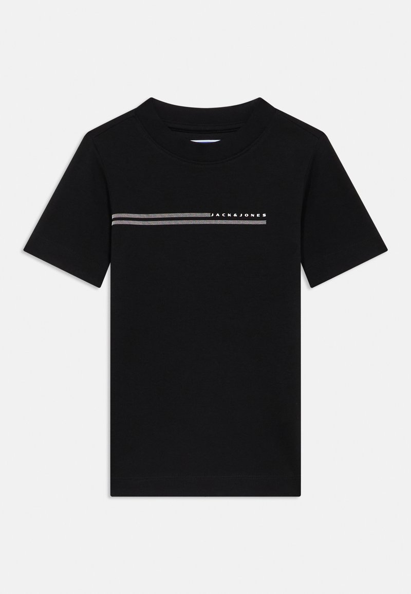 Μαύρο T-shirt με κοντά μανίκια και στρογγυλή λαιμόκοψη, με δύο λεπτές γκρι οριζόντιες ρίγες και το κείμενο «JACK & JONES» στο ανώτερο μέρος του στήθους.