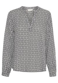Svart och vit långärmad blus med ett geometriskt bladmönster, v-ringning och knappslå. Lätt, slätt tyg.