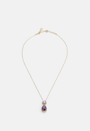 Gold chain necklace featuring a teardrop-shaped purple gem and a smaller lavender gem set in a textured gold pendant.