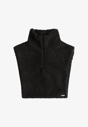 Pullover in pile nero con colletto alto e zip a metà. Presenta una superficie morbida e texturizzata, e un piccolo etichetta del marchio sull'orlo.
