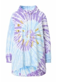 Mikina s tie-dye vzorem v modré a fialové barvě, s zaobleným lemem, nastavitelnou šňůrkou a zlatým slunečním vzorem na přední straně. Materiál směs bavlny.