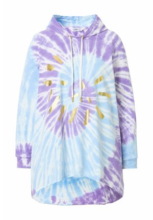 Tie-dye hoodie in blauw en paars, met een ronde zoom, verstelbare trekkoorden en een gouden zonnestraalontwerp op de voorkant. Gemaakt van een katoenmix.
