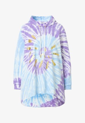 Ein Batik-Hoodie in Blau und Lila, mit abgerundetem Saum, verstellbarem Kordelzug und goldenen Sonnenstrahlen-Design auf der Vorderseite. Mischgewebe aus Baumwolle.