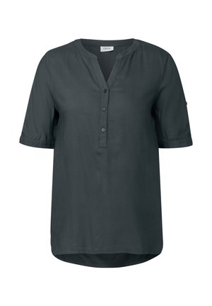 Chemise à manches courtes gris foncé avec un col henley, dotée d'une patte de boutonnage et d'un ourlet arrondi. Fabriquée en tissu doux et lisse.