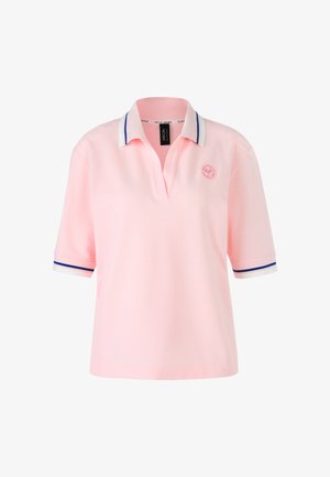 Light pink polo shirt with a collar, features short sleeves, blue and white striped accents, and a logo emblem on the left side.