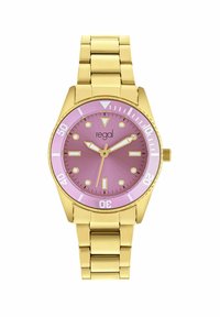 Gouden metalen horloge met een ronde roze wijzerplaat, witte wijzers en uurmarkeringen. Bevat een roestvrijstalen band met een gepolijste afwerking.