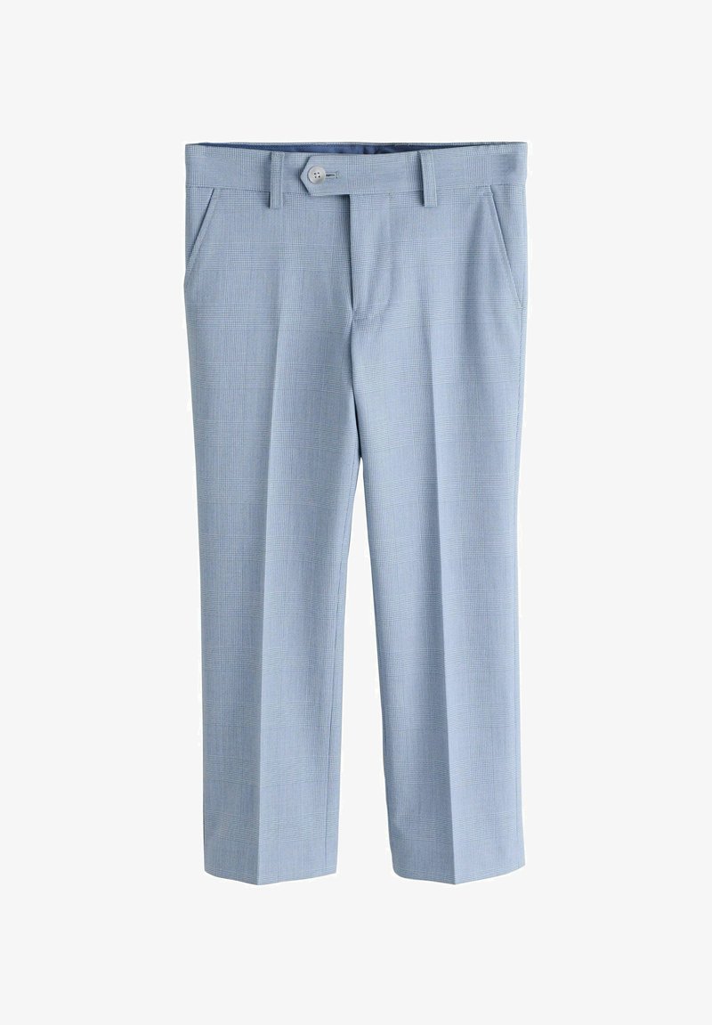 Pantalon à carreaux bleu clair, cintré, avec poches avant, passants pour ceinture et une fermeture à bouton visible unique à la taille.
