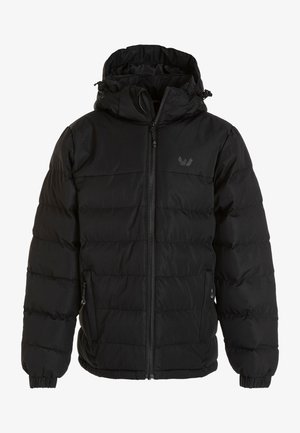 Veste puffer noire avec capuche, dotée d'une fermeture éclair à l'avant, de poignets élastiques et d'une texture lisse en matelassage. Logo sur la zone gauche de la poitrine.
