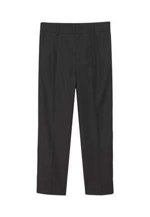 Pantaloni neri con un design sartoriale, caratterizzati da una texture liscia, gambe dritte e delicate pieghe frontali. Senza motivi visibili o accessori.