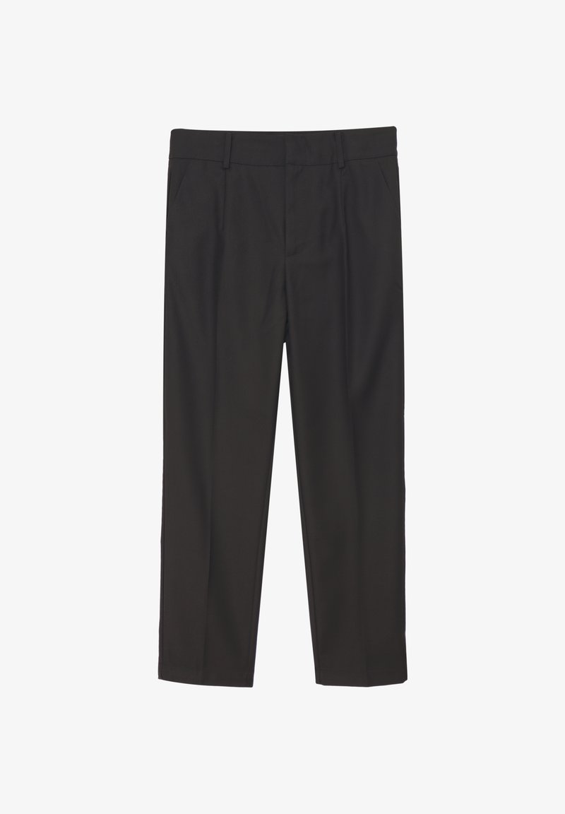 Pantaloni neri con un design sartoriale, caratterizzati da una texture liscia, gambe dritte e delicate pieghe frontali. Senza motivi visibili o accessori.