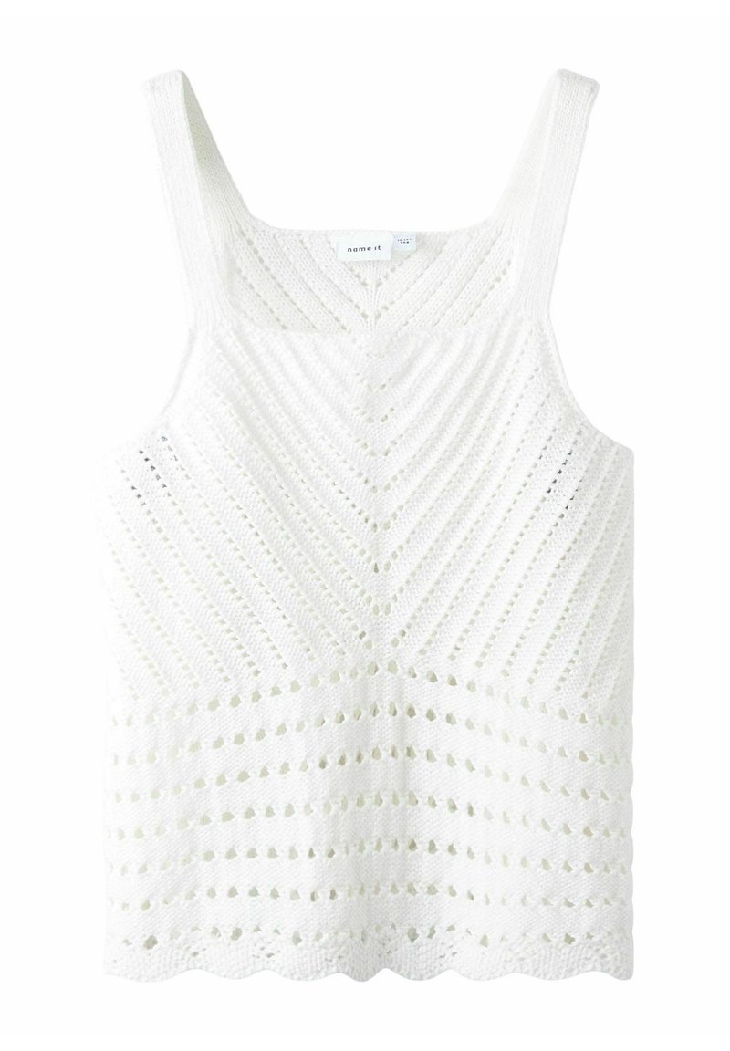 Wit gebreide tanktop met brede schouderbanden, voorzien van een chevronpatroon, open weefsel en een geschulpte zoom. Gemaakt van getextureerd garen.