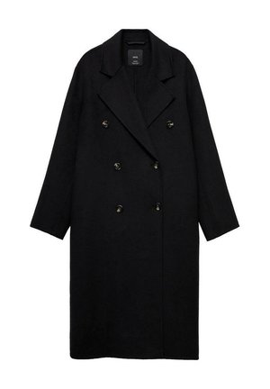 Black double-breasted coat with large lapels, made of a textured fabric. Features gold-tone buttons and a loose, straight-cut design.