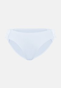 Γαλάζια μπικίνι σλιπ από απαλό ύφασμα, με δαντέλα στα πλευρά και ομαλή υφή. Μέτριο ψηλόμεσο σχέδιο, χωρίς επιπλέον μοτίβα.