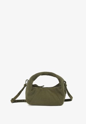 Petit sac à main en daim vert olive avec poignée supérieure, bandoulière réglable et fermeture éclair sur fond blanc.