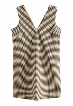 Karierter Kleid mit V-Ausschnitt, hergestellt aus einem gewebten Stoff in Beige-, Braun- und Schwarztönen. Verfügt über zwei Seitentaschen und keine Verschl�üsse.