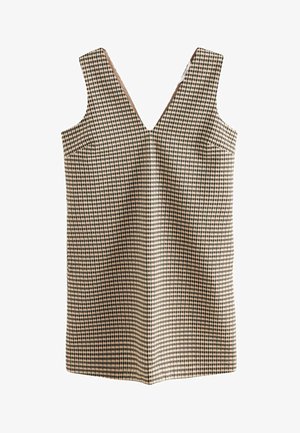 Dryžuota suknelė su V formos dekolte, pagaminta iš audinio, kuris yra smėlio, rudos ir juodos spalvos tonų. Yra dvi šoninės kišenės ir jokių užsegimų.