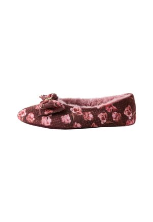 Zachte pantoffel met roze bloemenpatroon, zachte roze binnenvoering en een decoratieve strik bovenop, ontworpen voor binnencomfort.